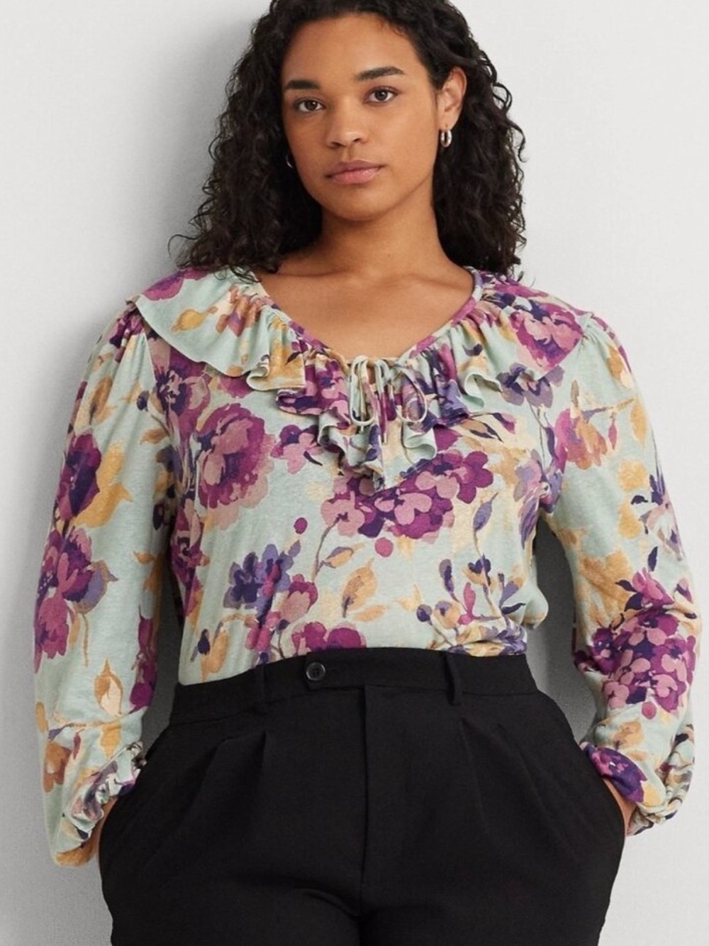 Lauren Ralph Lauren Linen Blend Floral Ruffle Trim Tie Neck Top Size 3X